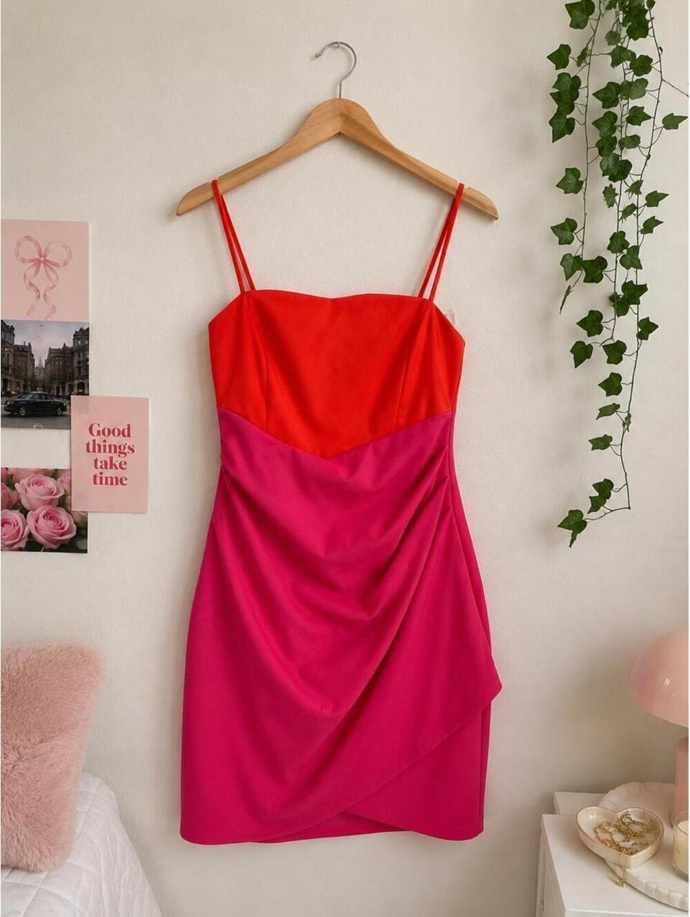 Windsor Red & Hot Pink Colorblock Mini Dress – Size S